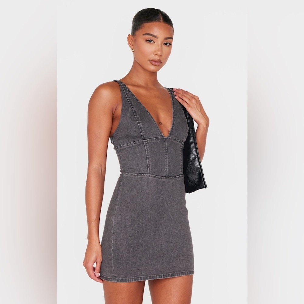 Pretty Little Thing Washed Grey Plunge Corset Style Denim Mini Dress